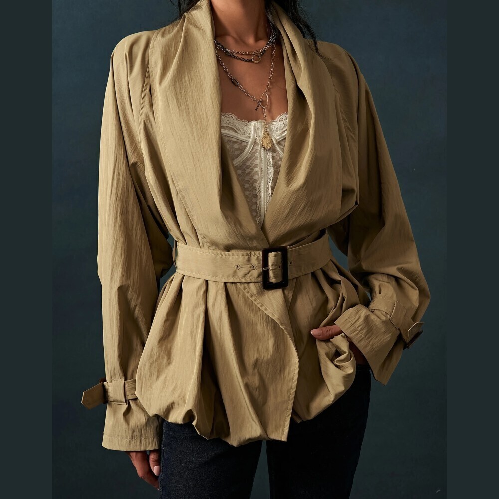 Tan Woven Belted Shawl Collar Oversized Textured Trench Jacket